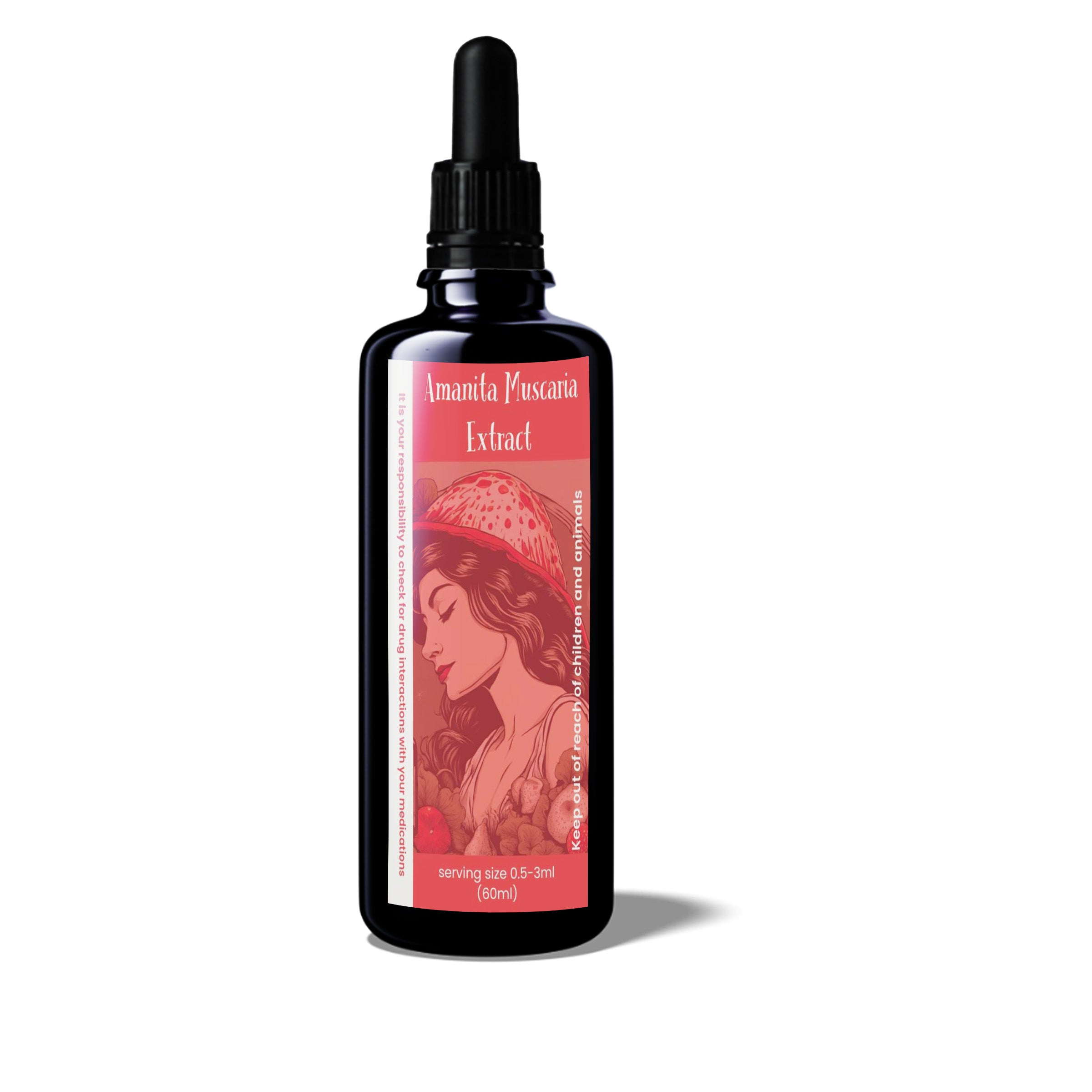 60 ml Bottle of Amanita Muscaria Extract with a red label featuring an art deco illustration of a woman wearing a hat that looks like an amanita cap