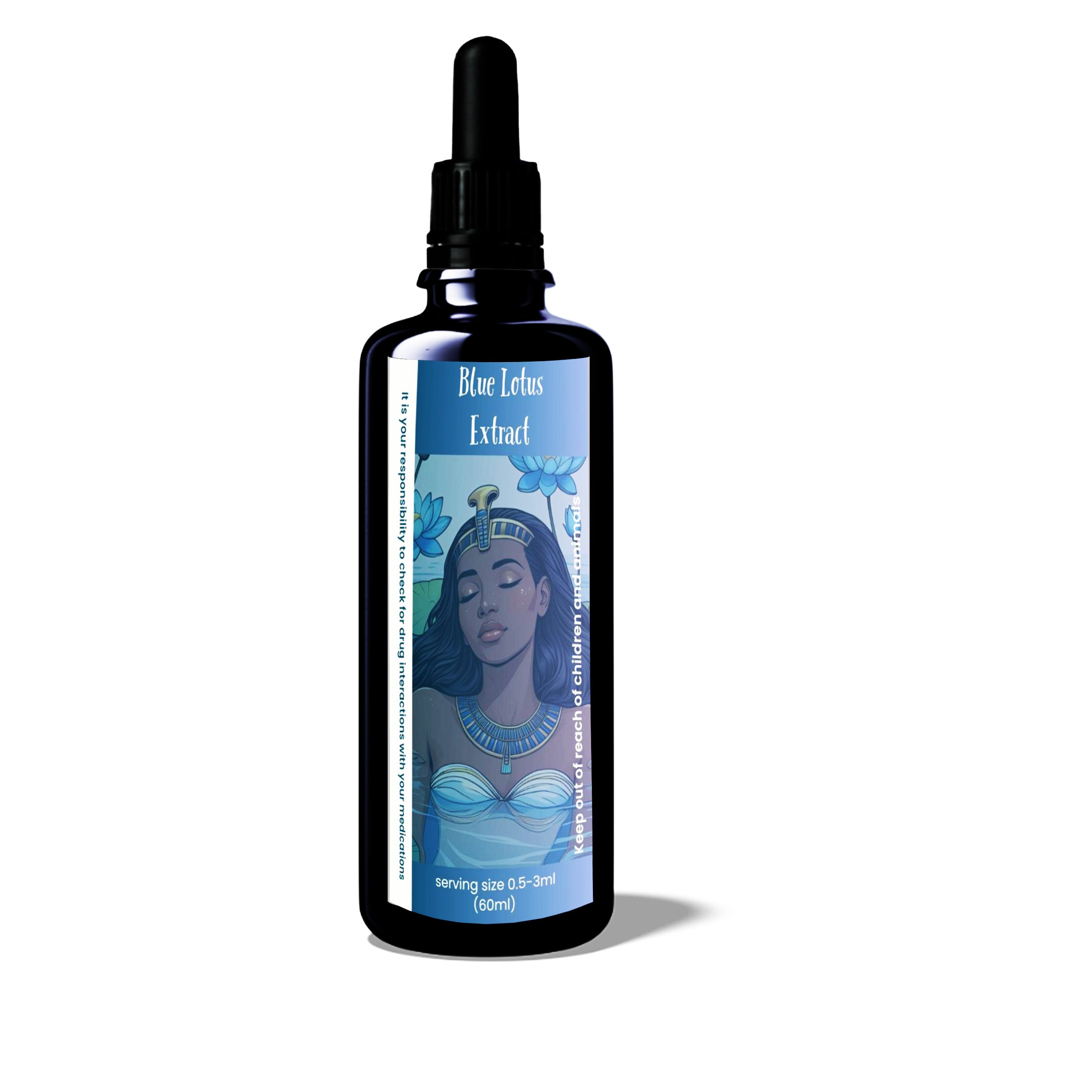 60 ml Bottle of Blue Lotus Extract with a label featuring a woman's face on a white background