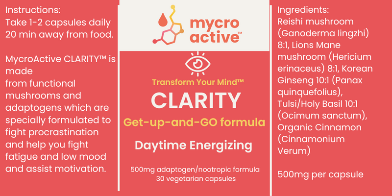 Clarity Daytime Energizing & Mood Elevating Capsules (30ct) Adaptogen & Functional Mushroom formula